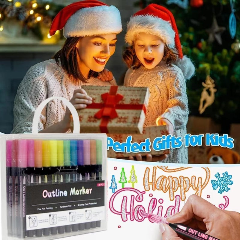 OUNIY Outline Marker Self-outline Metallic Markers, 12 Colors Squiggles Shimmer Outline Markers Pen Set for Drawing Art School Supplies, Glitter Pen Set for Cards Lettering, Gift for 4-12 Year Old Girl - Image 4